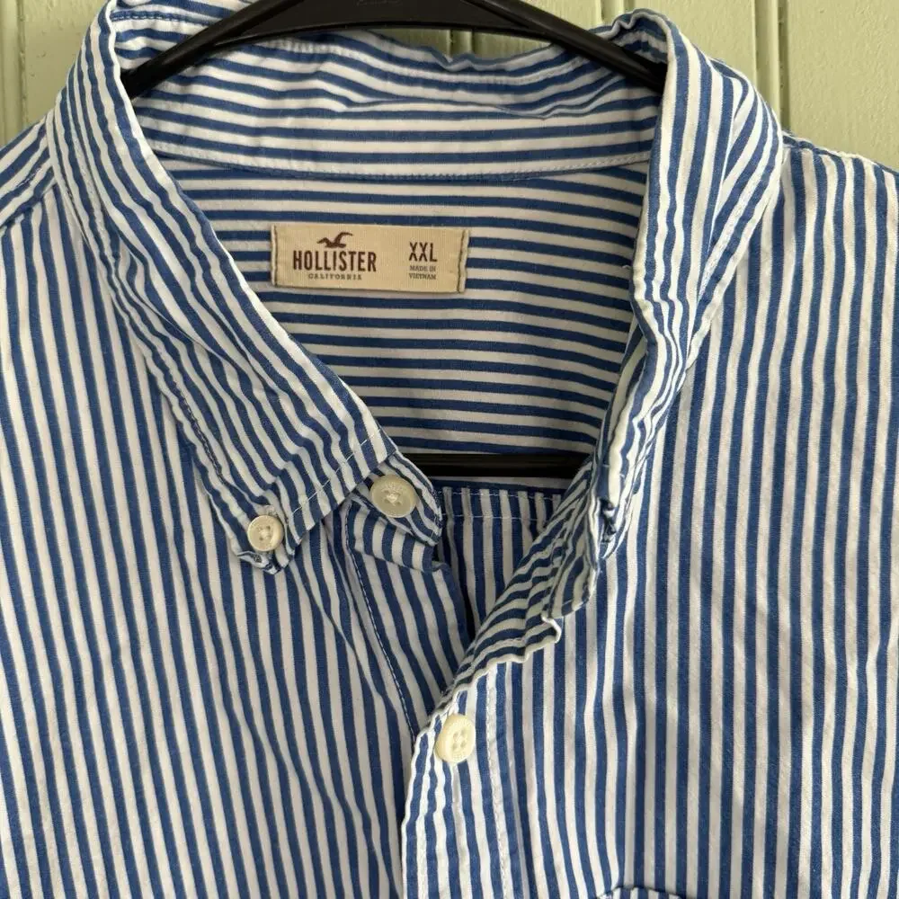 Y2K Hollister Shirt Mens XXL Long Sleeve Button Front Pocket Logo Blue White - Picture 3 of 4